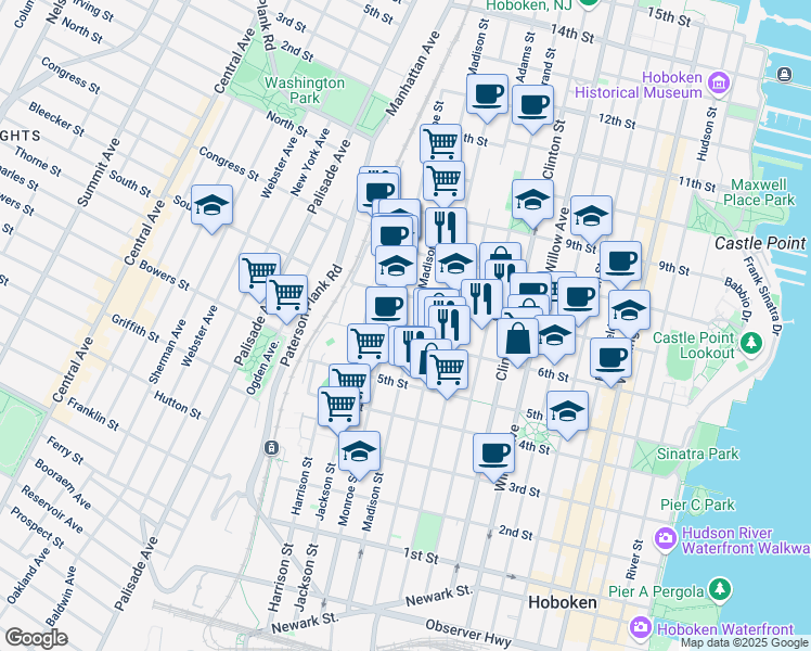 map of restaurants, bars, coffee shops, grocery stores, and more near 625 Madison Street in Hoboken