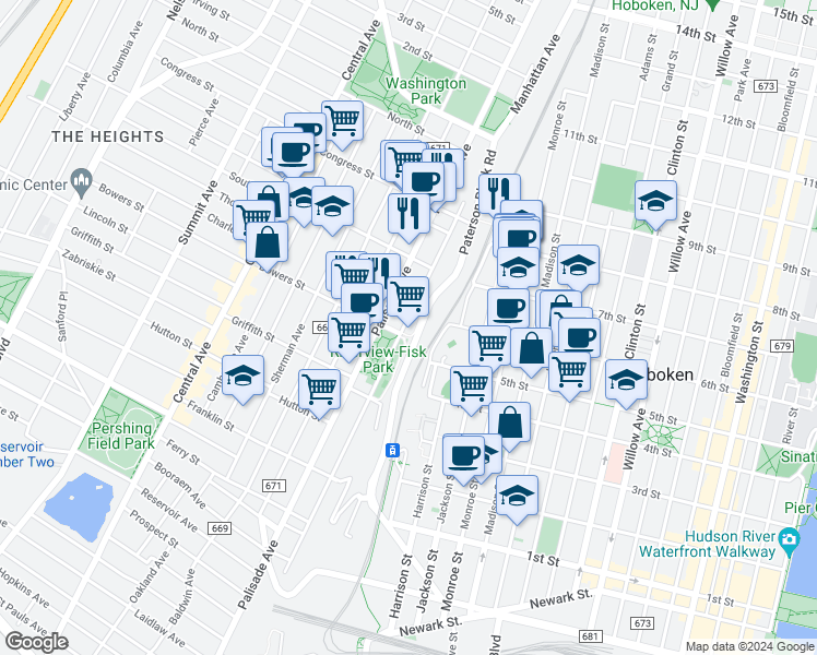 map of restaurants, bars, coffee shops, grocery stores, and more near 360 Ogden Avenue in Jersey City