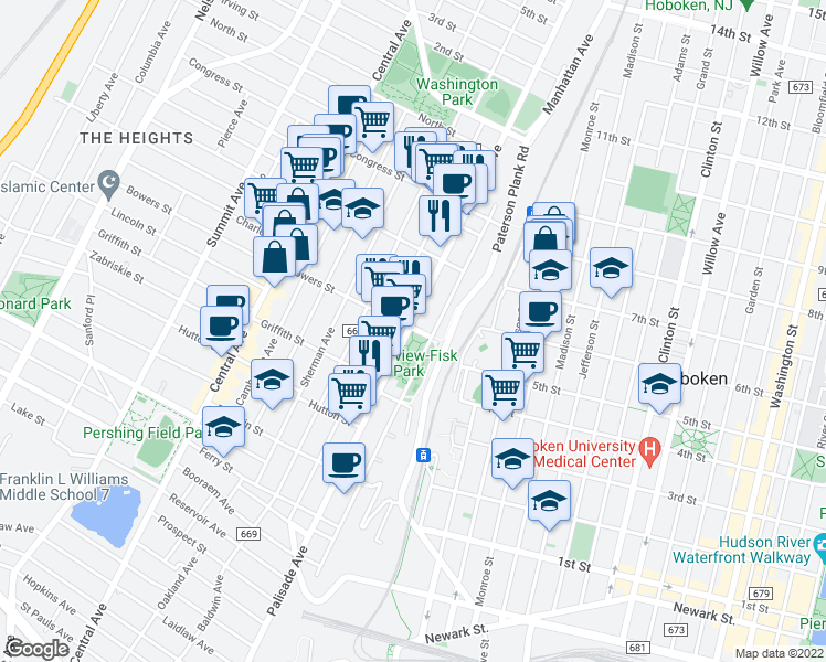 map of restaurants, bars, coffee shops, grocery stores, and more near in Jersey City