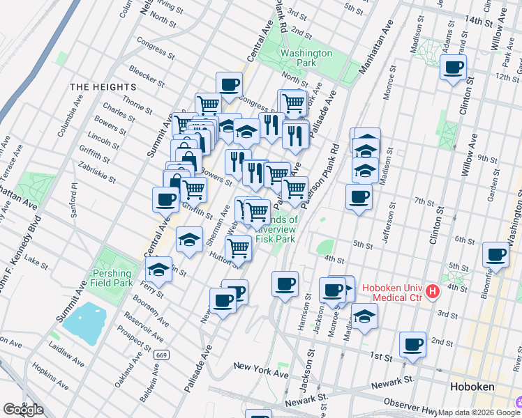 map of restaurants, bars, coffee shops, grocery stores, and more near 52 Bowers Street in Jersey City