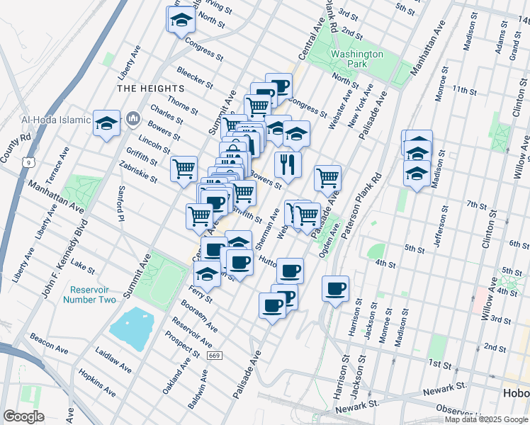 map of restaurants, bars, coffee shops, grocery stores, and more near 95 Hancock Avenue in Jersey City
