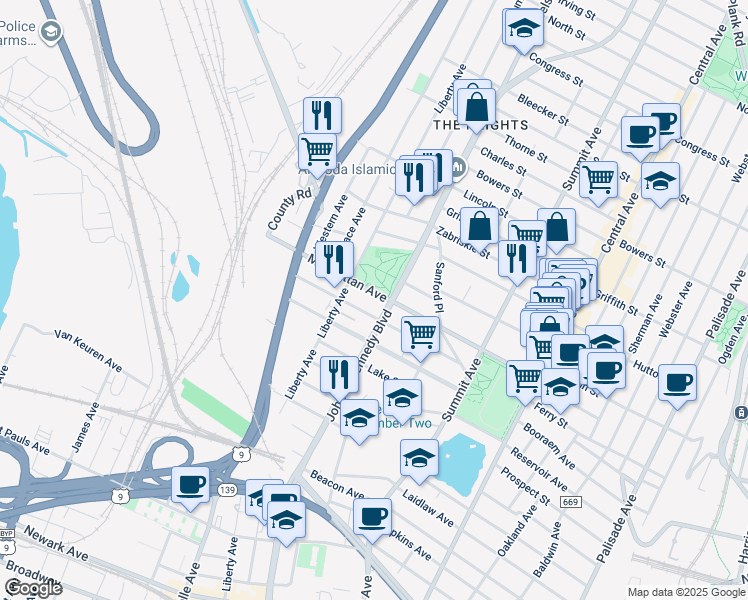 map of restaurants, bars, coffee shops, grocery stores, and more near 3303 John F. Kennedy Boulevard in Jersey City