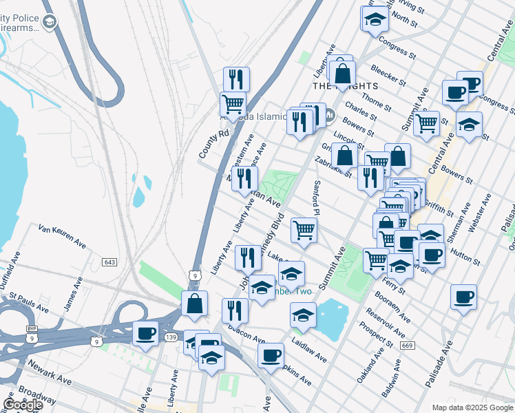 map of restaurants, bars, coffee shops, grocery stores, and more near 260 County Road 647 in Jersey City