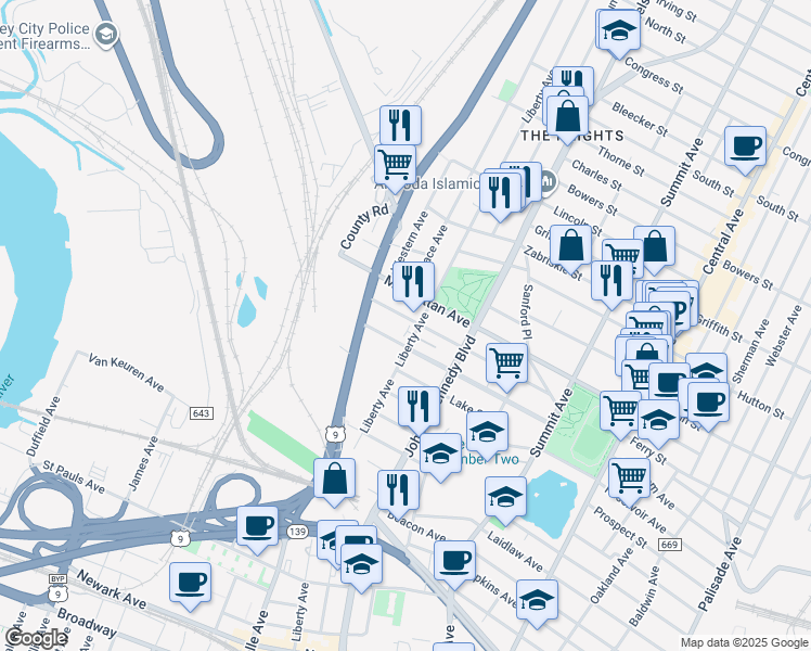 map of restaurants, bars, coffee shops, grocery stores, and more near 150 Beach Street in Jersey City