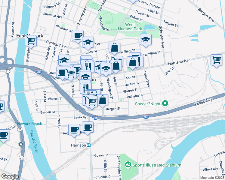 map of restaurants, bars, coffee shops, grocery stores, and more near 28 1/2 Washington Street in Harrison