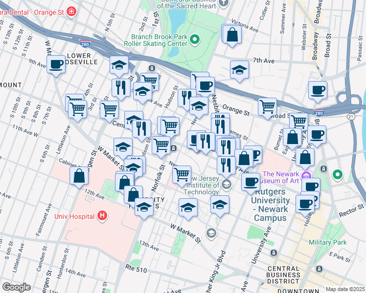 map of restaurants, bars, coffee shops, grocery stores, and more near 88 Norfolk Street in Newark