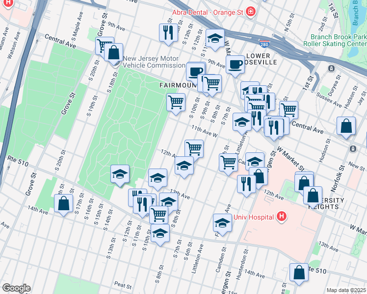 map of restaurants, bars, coffee shops, grocery stores, and more near 196 South 10th Street in Newark
