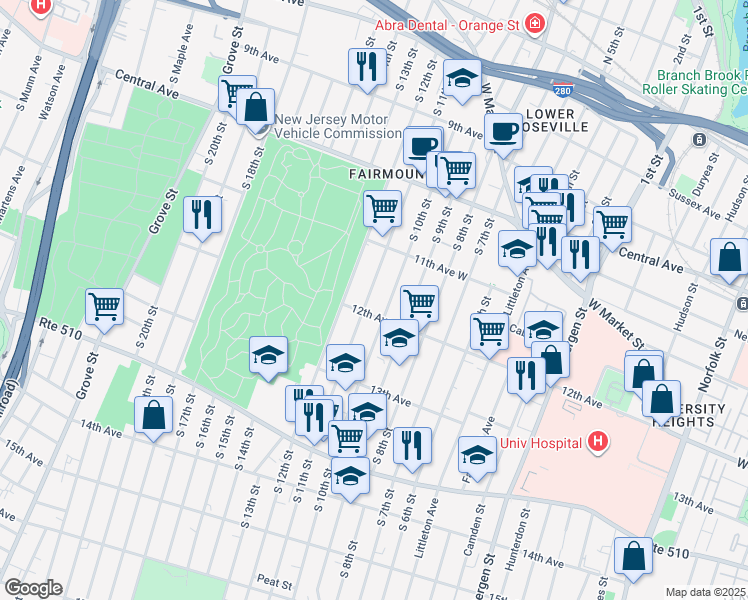 map of restaurants, bars, coffee shops, grocery stores, and more near 243 South 11th Street in Newark