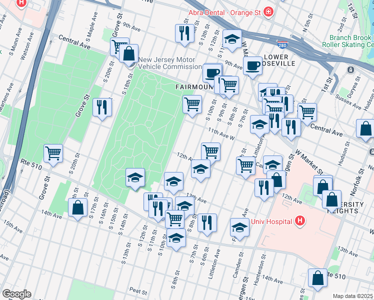 map of restaurants, bars, coffee shops, grocery stores, and more near 243 South 11th Street in Newark