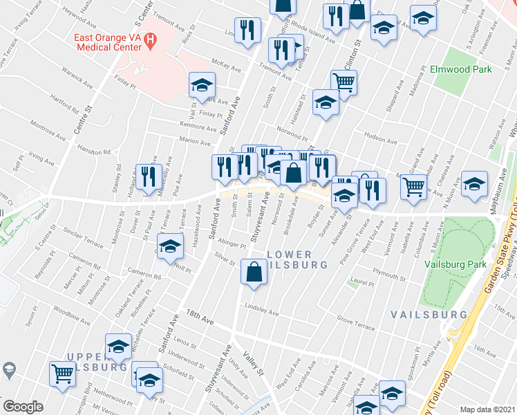 map of restaurants, bars, coffee shops, grocery stores, and more near 11 Stuyvesant Avenue in Irvington