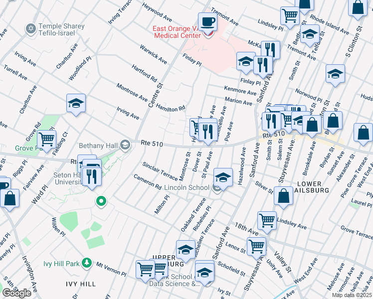 map of restaurants, bars, coffee shops, grocery stores, and more near 10 Stanley Road in South Orange