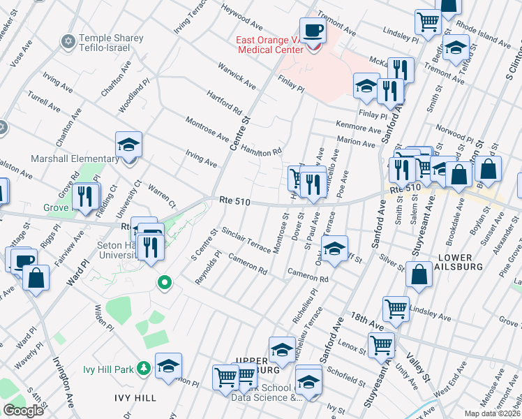map of restaurants, bars, coffee shops, grocery stores, and more near 14 Kingman Road in South Orange