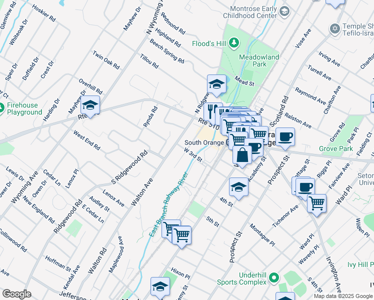 map of restaurants, bars, coffee shops, grocery stores, and more near 42 Church Street in South Orange