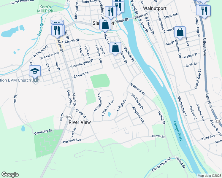 map of restaurants, bars, coffee shops, grocery stores, and more near 370 South Walnut Street in Slatington