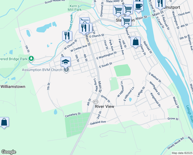 map of restaurants, bars, coffee shops, grocery stores, and more near 1135 Main Street in Slatington