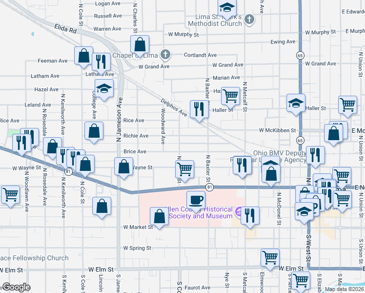 map of restaurants, bars, coffee shops, grocery stores, and more near 847 Richie Avenue in Lima