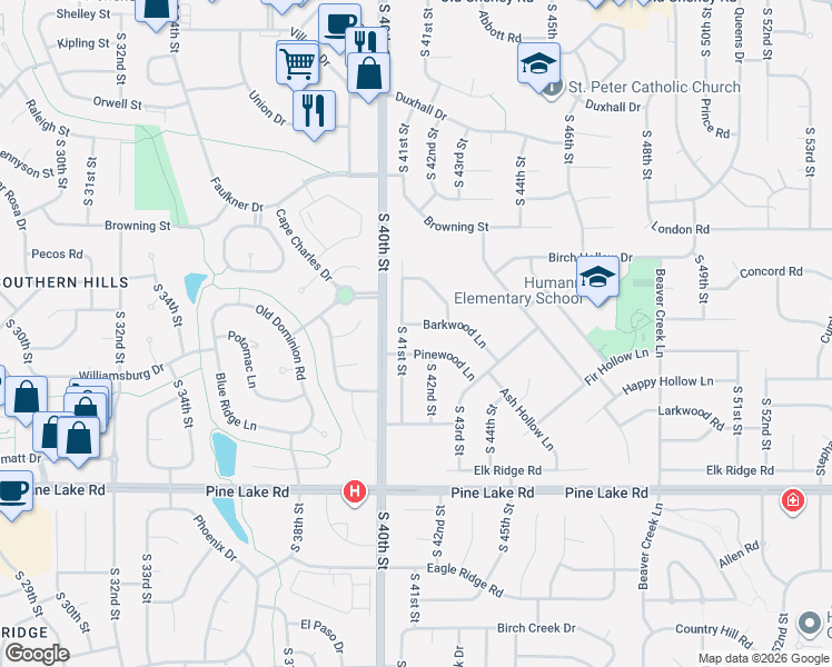 map of restaurants, bars, coffee shops, grocery stores, and more near 4120 Barkwood Lane in Lincoln
