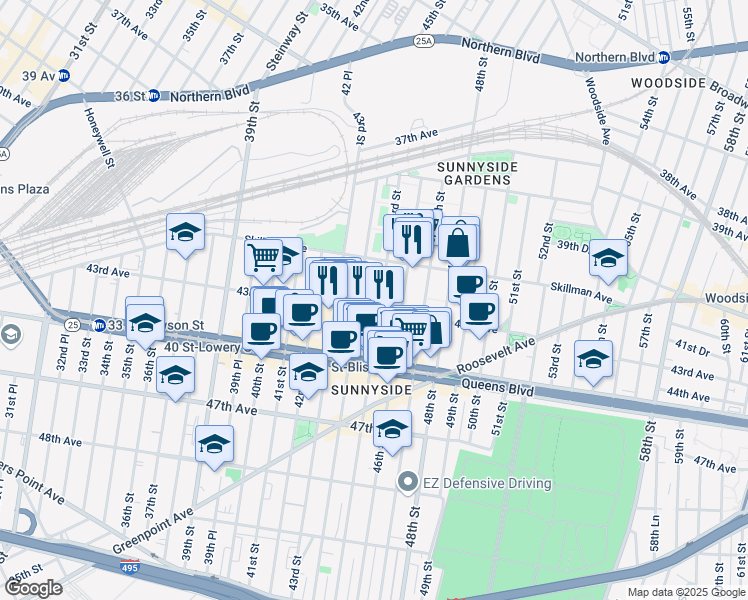 map of restaurants, bars, coffee shops, grocery stores, and more near 41-26 44th Street in Queens