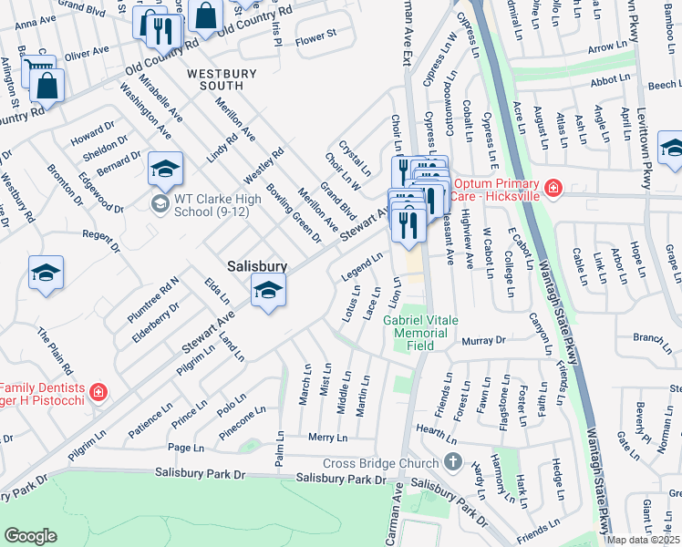 map of restaurants, bars, coffee shops, grocery stores, and more near 144 Land Lane in Westbury