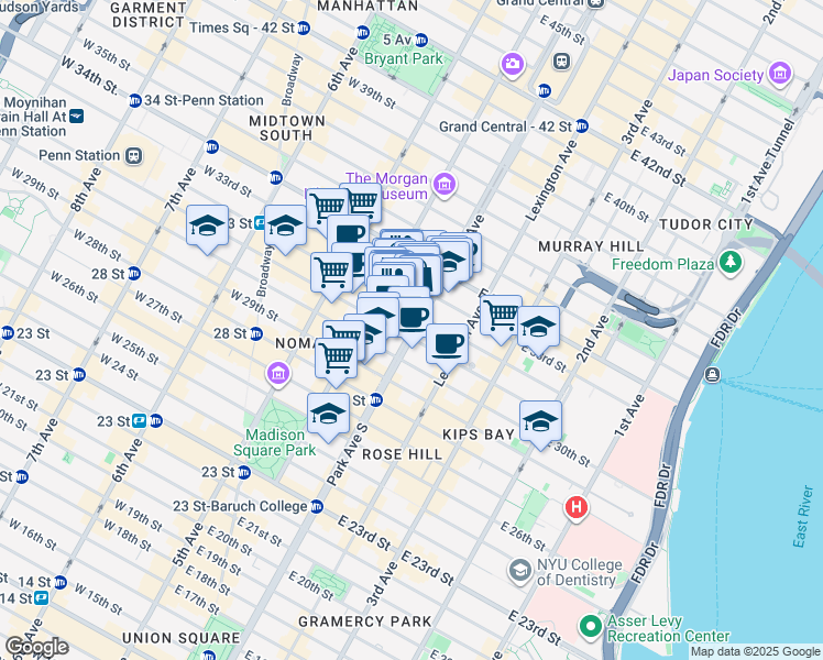 map of restaurants, bars, coffee shops, grocery stores, and more near 462 Park Avenue South in New York