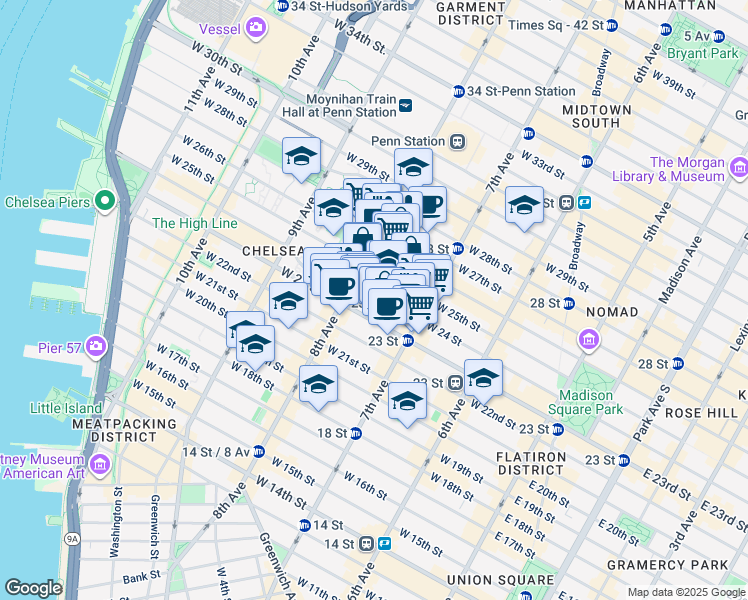 map of restaurants, bars, coffee shops, grocery stores, and more near 231 West 24th Street in New York