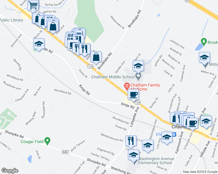 map of restaurants, bars, coffee shops, grocery stores, and more near 555 Main Street in Chatham Township