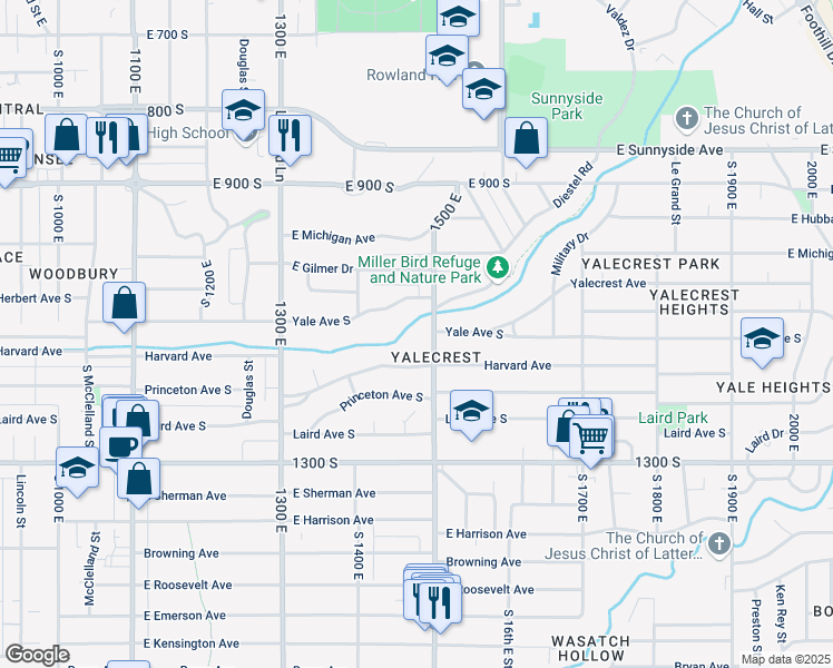 map of restaurants, bars, coffee shops, grocery stores, and more near 1454 Yale Avenue South in Salt Lake City