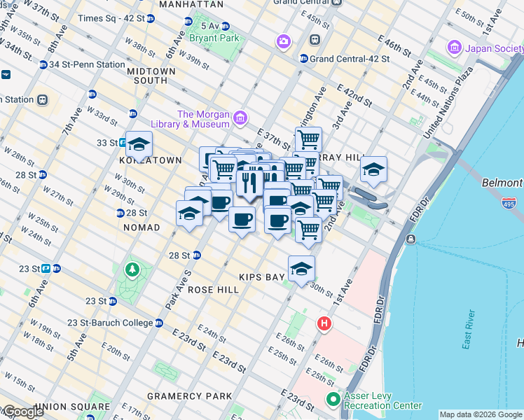map of restaurants, bars, coffee shops, grocery stores, and more near 225 Lexington Avenue in New York