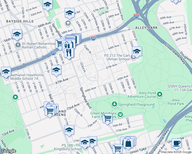 map of restaurants, bars, coffee shops, grocery stores, and more near 67-14 224 Street in Queens