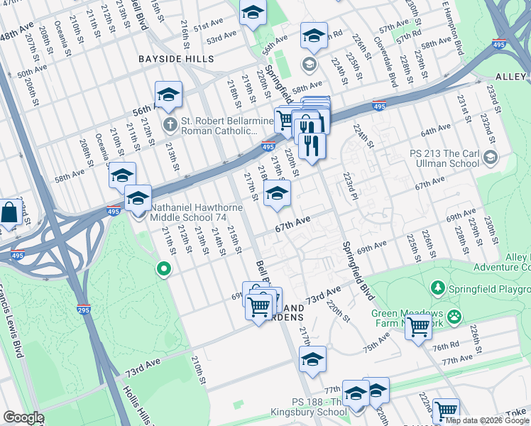 map of restaurants, bars, coffee shops, grocery stores, and more near 217-04 64th Avenue in Queens
