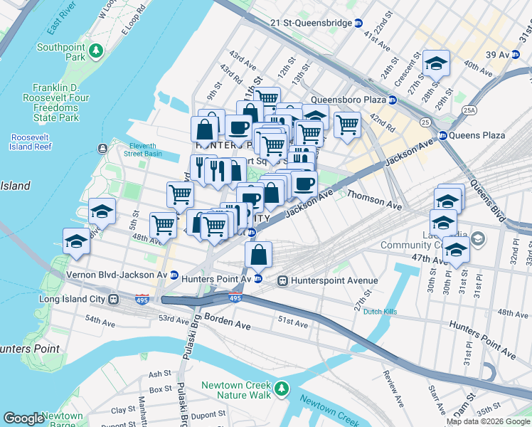 map of restaurants, bars, coffee shops, grocery stores, and more near 22-01 Jackson Avenue in Queens