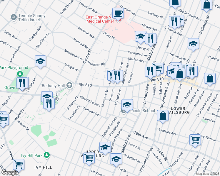 map of restaurants, bars, coffee shops, grocery stores, and more near 1162 South Orange Avenue in South Orange