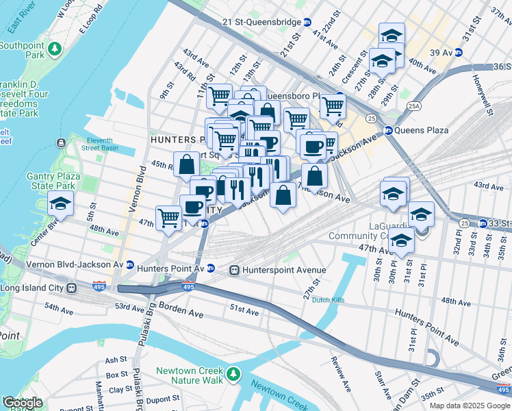 map of restaurants, bars, coffee shops, grocery stores, and more near 22-52 Jackson Avenue in Queens