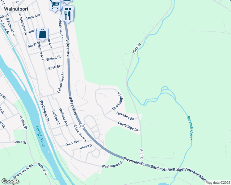map of restaurants, bars, coffee shops, grocery stores, and more near 4924 Coatbridge Lane in Walnutport