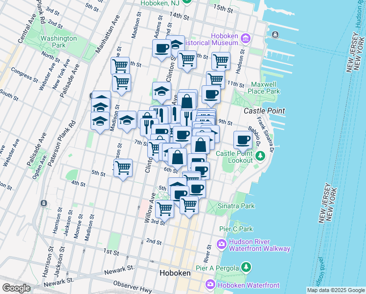 map of restaurants, bars, coffee shops, grocery stores, and more near 727 Park Avenue in Hoboken