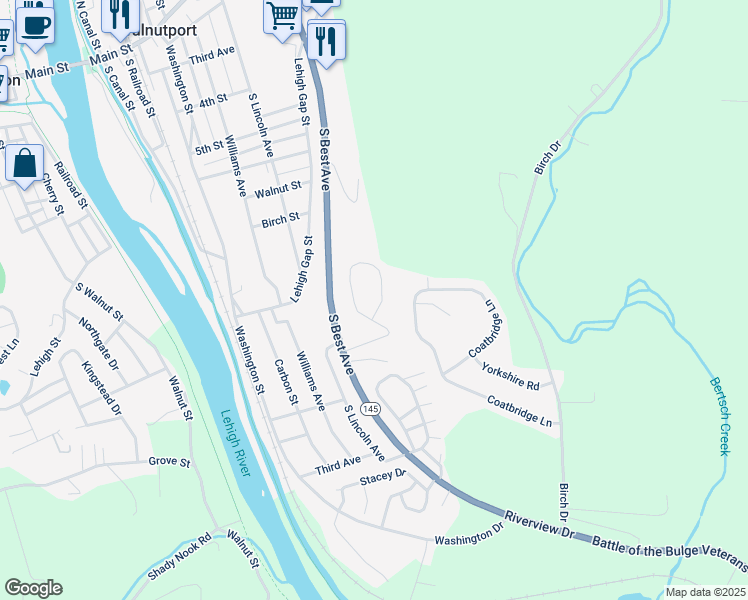 map of restaurants, bars, coffee shops, grocery stores, and more near 6 View Drive in Walnutport