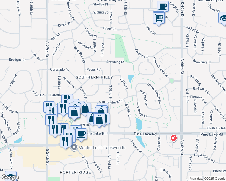 map of restaurants, bars, coffee shops, grocery stores, and more near 6526 South 32nd Street in Lincoln