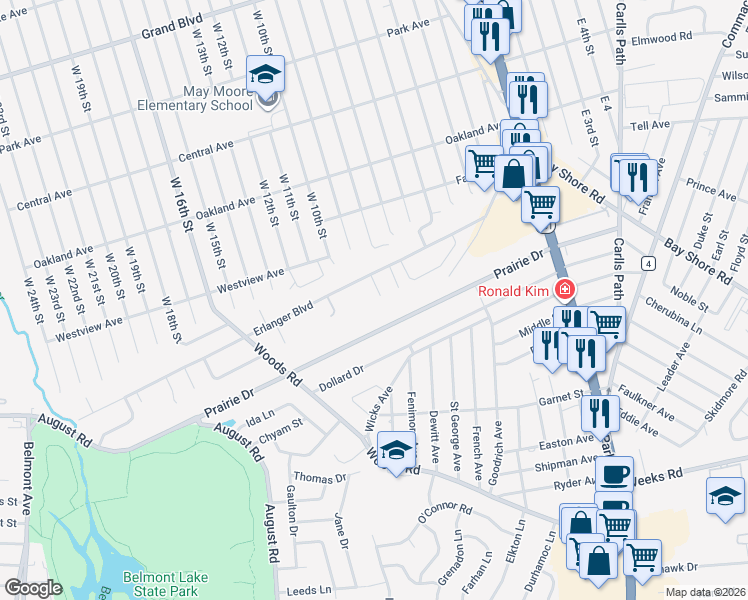 map of restaurants, bars, coffee shops, grocery stores, and more near 92 Erlanger Boulevard in North Babylon