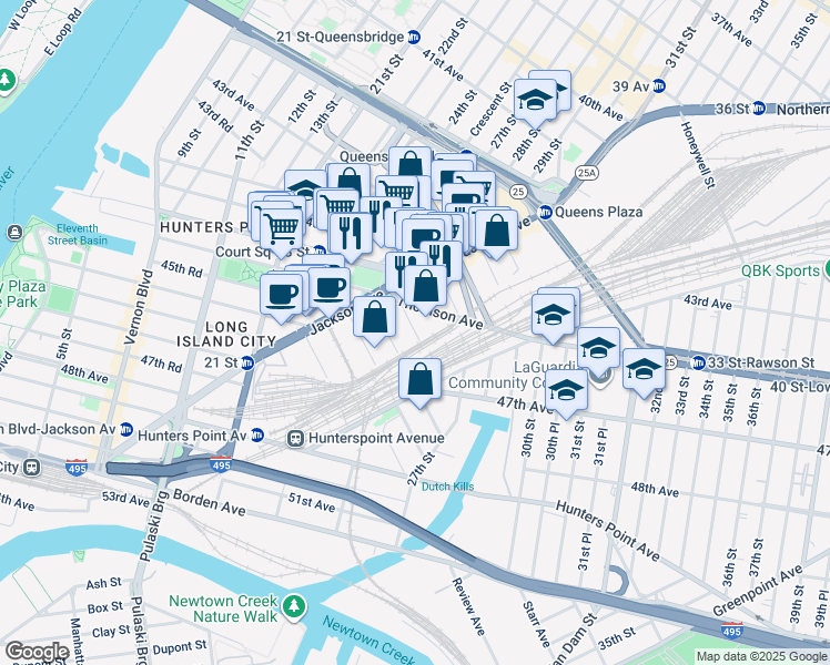 map of restaurants, bars, coffee shops, grocery stores, and more near 45 Court Square West in Queens