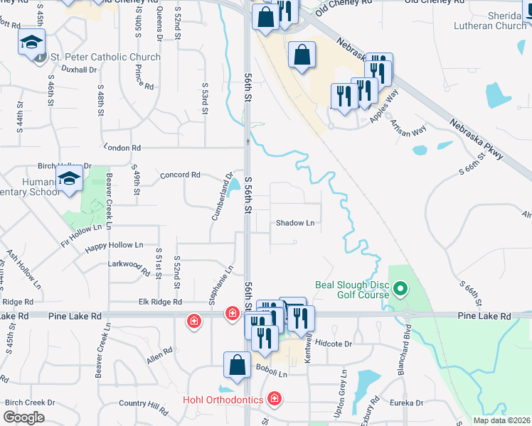 map of restaurants, bars, coffee shops, grocery stores, and more near 6601 South 57th Street in Lincoln