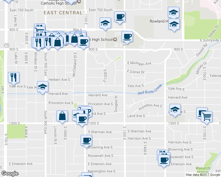 map of restaurants, bars, coffee shops, grocery stores, and more near 1220 Yale Avenue South in Salt Lake City