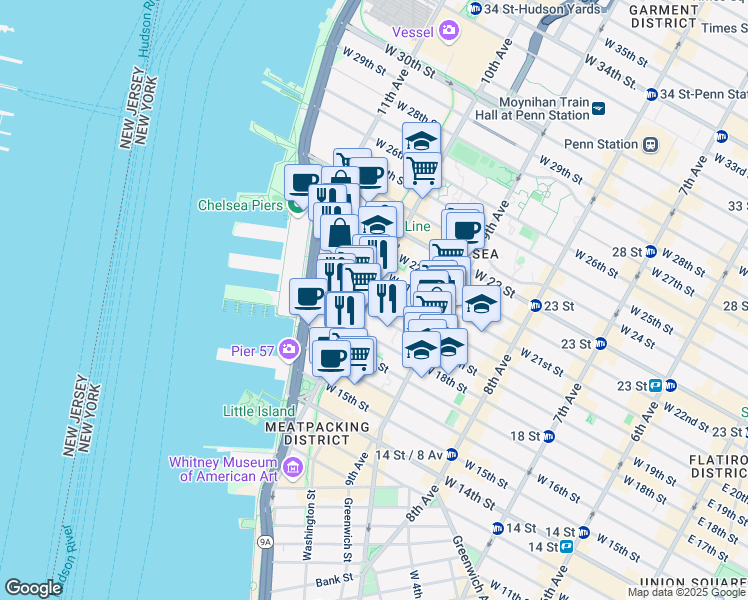 map of restaurants, bars, coffee shops, grocery stores, and more near 165 10th Avenue in New York