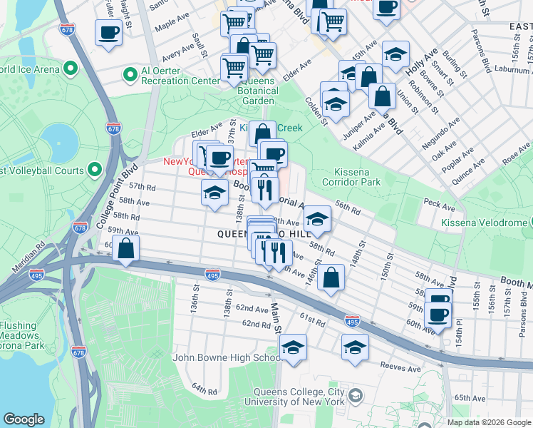 map of restaurants, bars, coffee shops, grocery stores, and more near 57-33 Main Street in Queens