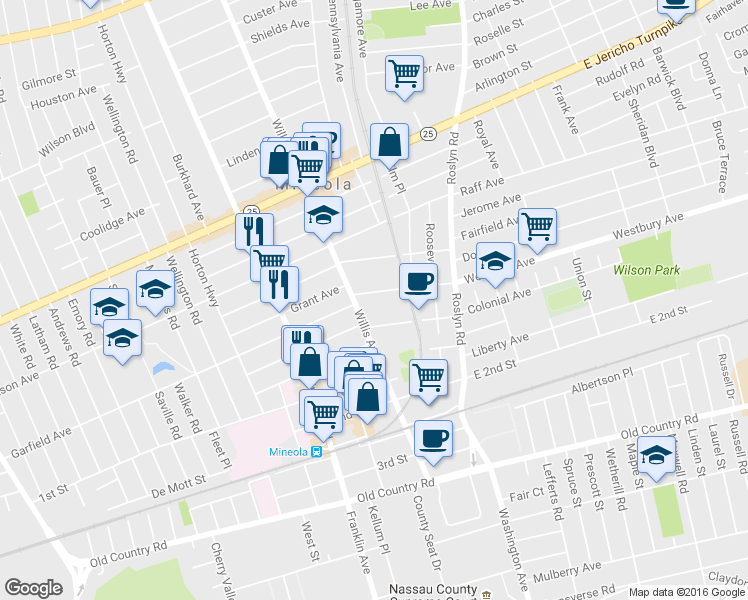 map of restaurants, bars, coffee shops, grocery stores, and more near 120 Clinton Avenue in Mineola