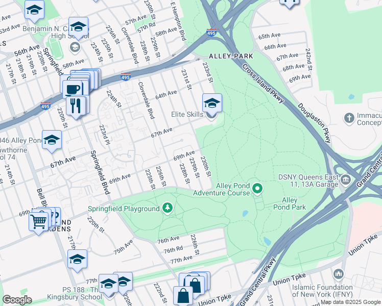 map of restaurants, bars, coffee shops, grocery stores, and more near 67-70 230th Street in Queens