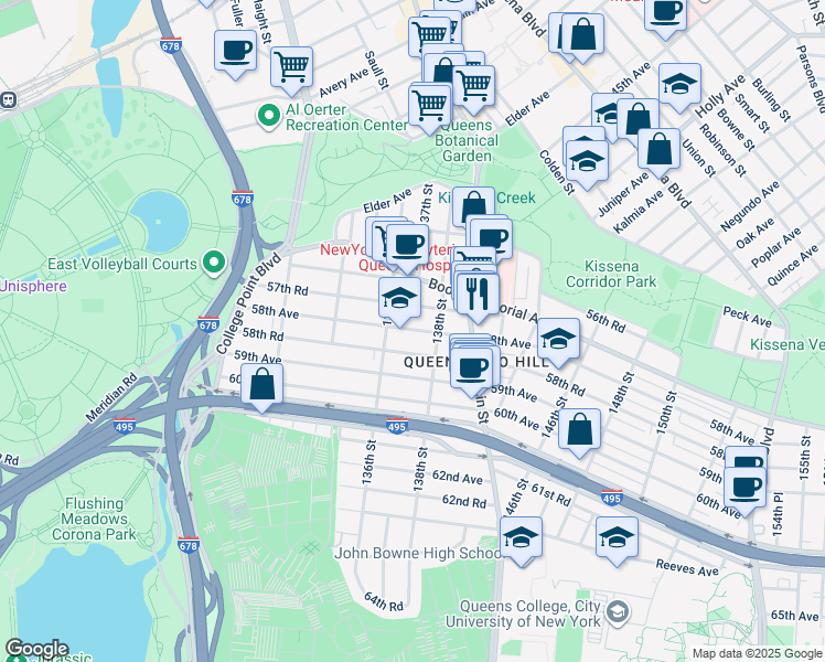 map of restaurants, bars, coffee shops, grocery stores, and more near 136-16 57th Road in Queens