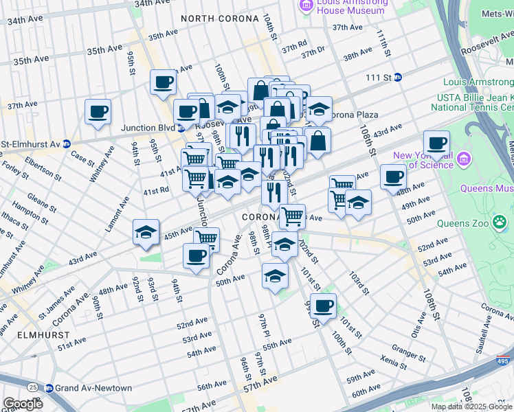 map of restaurants, bars, coffee shops, grocery stores, and more near 98-41 44th Avenue in Queens