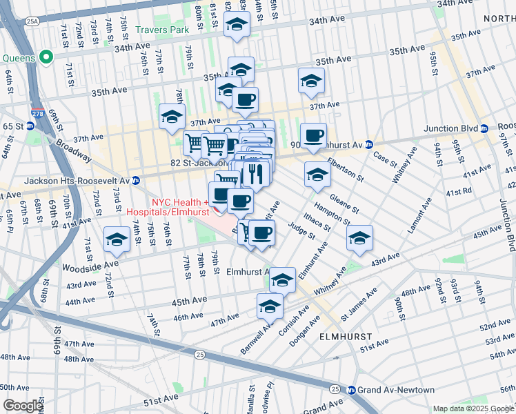 map of restaurants, bars, coffee shops, grocery stores, and more near 81-19 41st Avenue in Queens