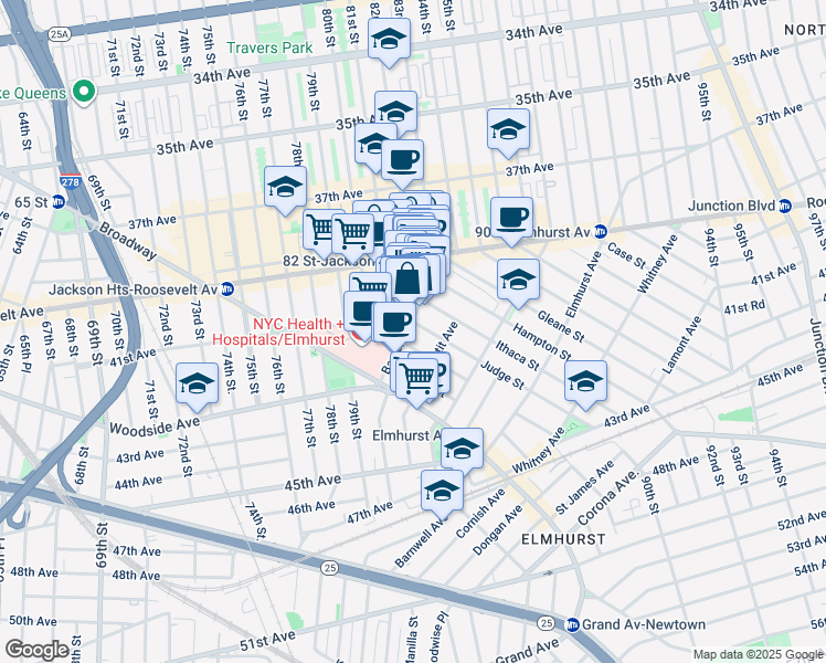 map of restaurants, bars, coffee shops, grocery stores, and more near 81-19 41st Avenue in Queens