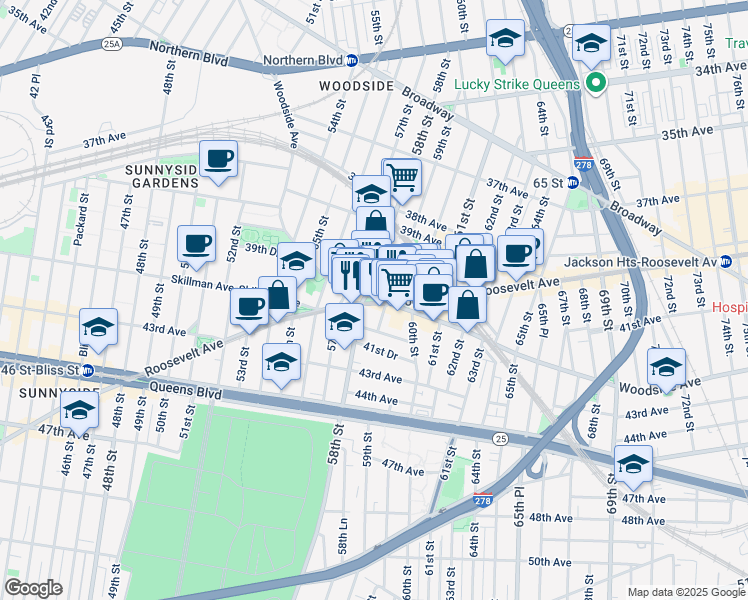 map of restaurants, bars, coffee shops, grocery stores, and more near 58-14 Roosevelt Avenue in Queens